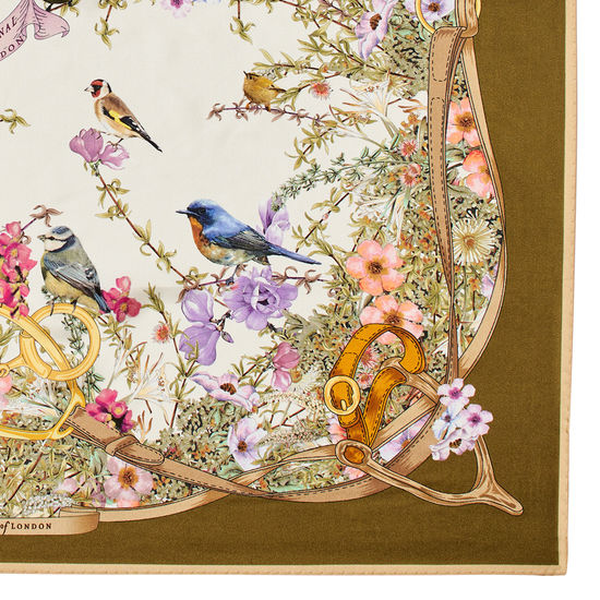 Edwardian Garden Silk Scarf in Olive Pure Silk Twill from Aspinal of London