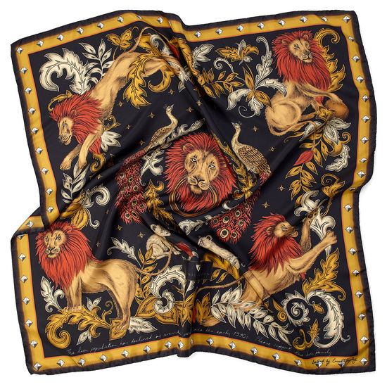 Lion & Peacock Silk Scarf in Black & Gold from Aspinal of London