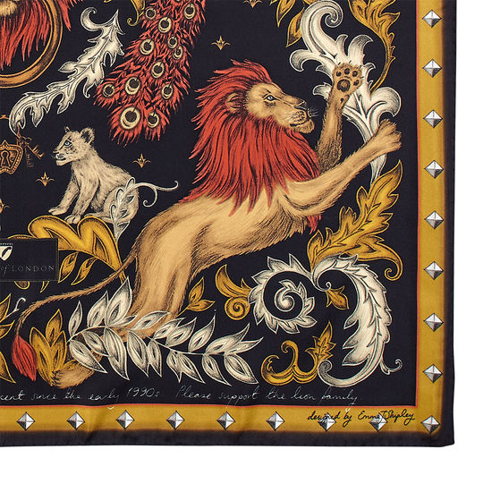 Lion & Peacock Silk Scarf in Black & Gold from Aspinal of London