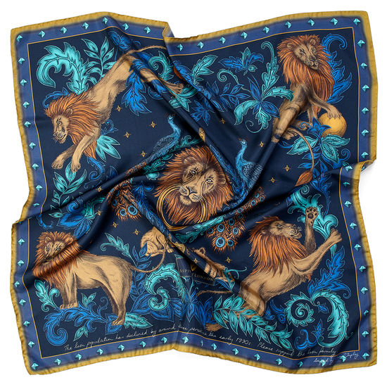 Lion & Peacock Silk Scarf in Teal & Navy from Aspinal of London