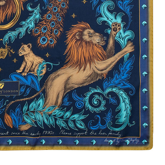 Lion & Peacock Silk Scarf in Teal & Navy from Aspinal of London