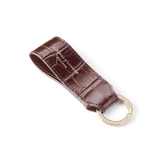 Small Leather Loop Keyring in Deep Shine Amazon Brown Croc from Aspinal of London