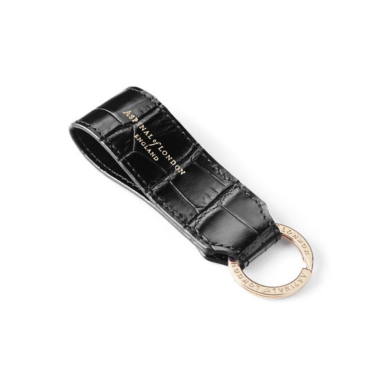 Small Leather Loop Keyring in Deep Shine Black Croc from Aspinal of London