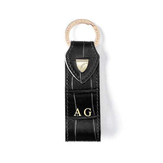 Small Leather Loop Keyring in Deep Shine Black Croc from Aspinal of London