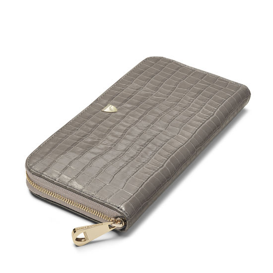 Continental Purse in Deep Shine Warm Grey Small Croc from Aspinal of London