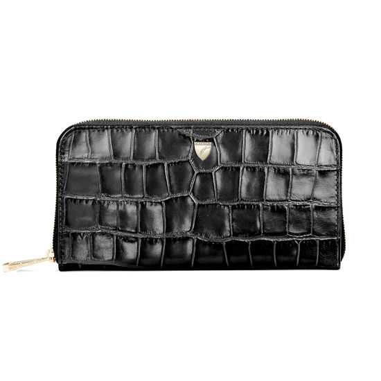 Continental Purse in Deep Shine Black Croc from Aspinal of London