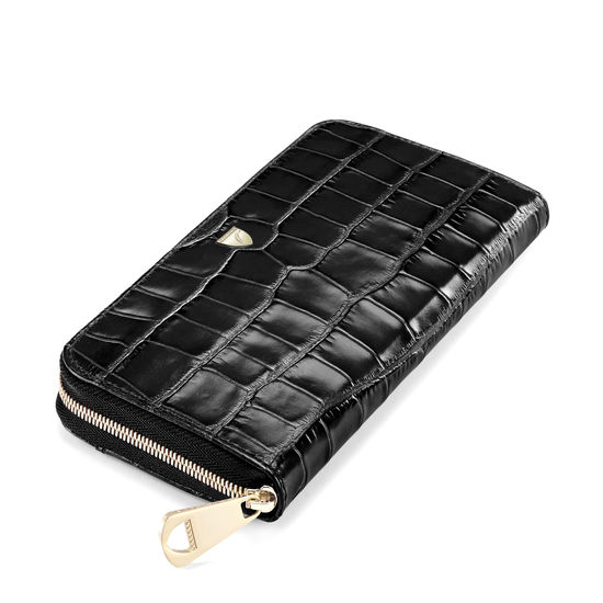 Continental Purse in Deep Shine Black Croc from Aspinal of London