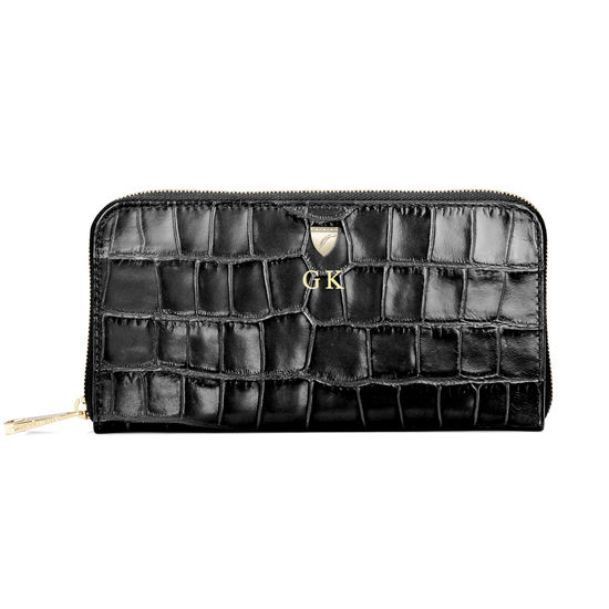 Continental Purse in Deep Shine Black Croc from Aspinal of London