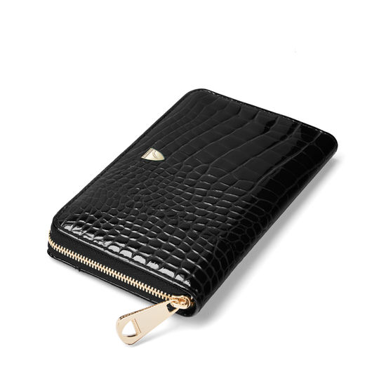 Midi Continental Purse in Black Patent Croc from Aspinal of London