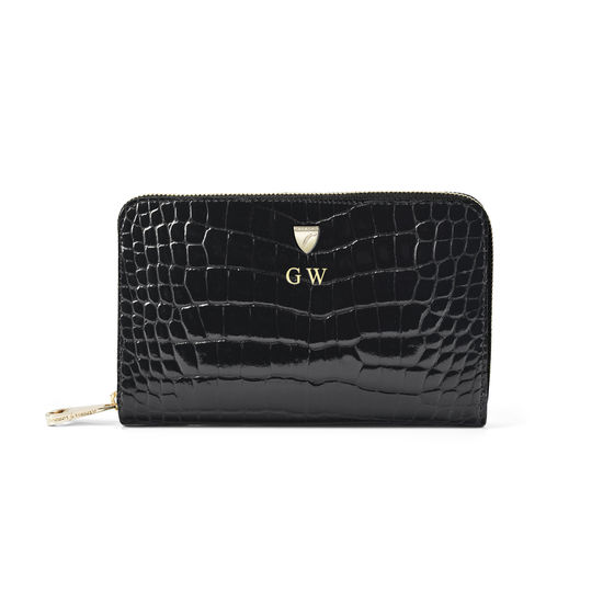 Midi Continental Purse in Black Patent Croc from Aspinal of London