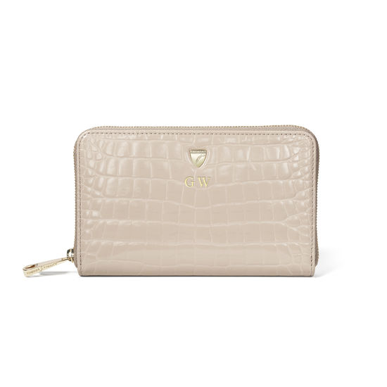 Midi Continental Purse in Soft Taupe Patent Croc from Aspinal of London
