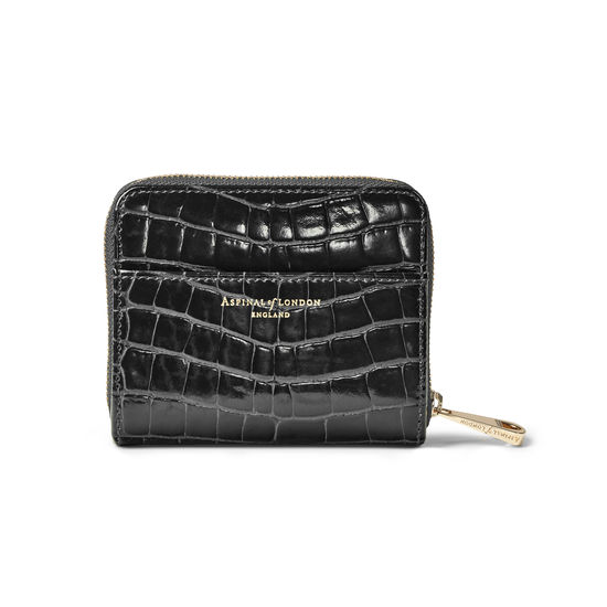 Slim Mini Continental Purse in Black Patent Croc from Aspinal of London