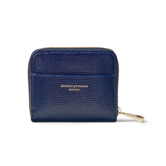 Slim Mini Continental Purse in Midnight Blue Silk Lizard from Aspinal of London
