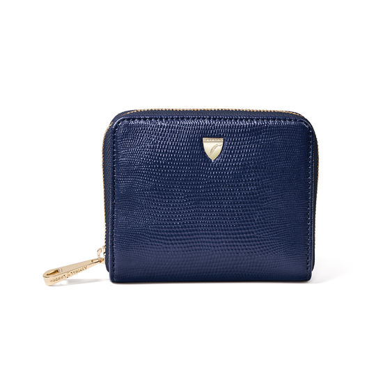 Slim Mini Continental Purse in Midnight Blue Silk Lizard from Aspinal of London