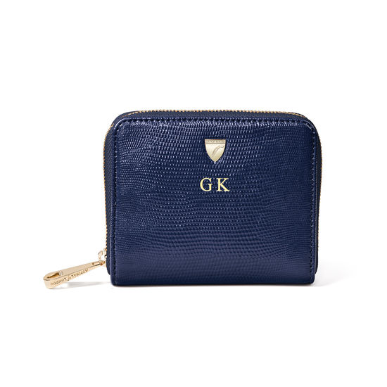Slim Mini Continental Purse in Midnight Blue Silk Lizard from Aspinal of London