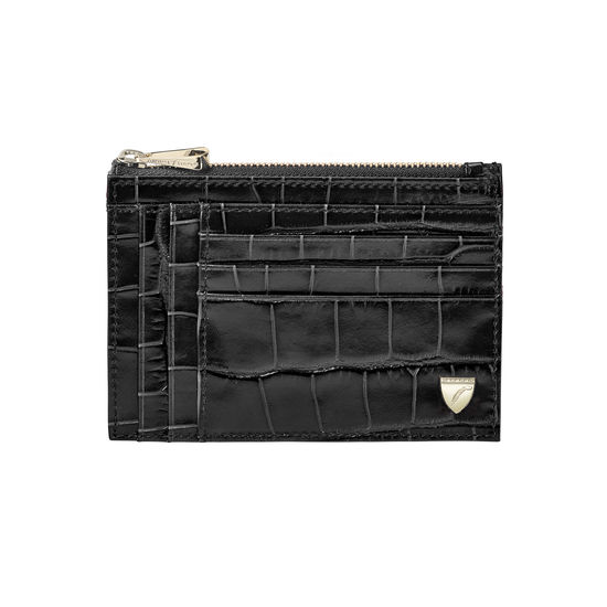 Double Sided Zipped Card & Coin Holder in Deep Shine Black Croc from Aspinal of London