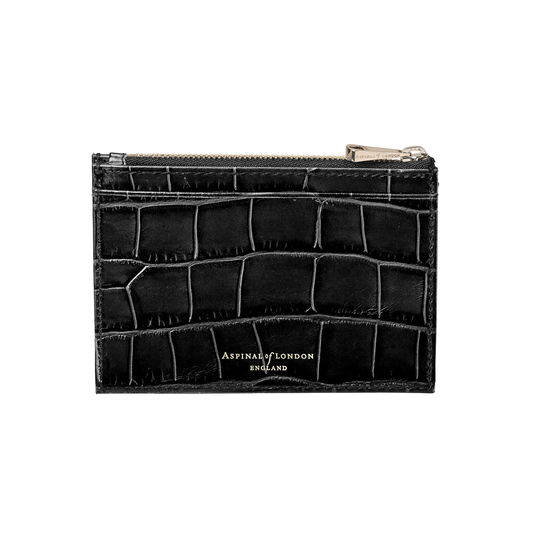 Double Sided Zipped Card & Coin Holder in Deep Shine Black Croc from Aspinal of London