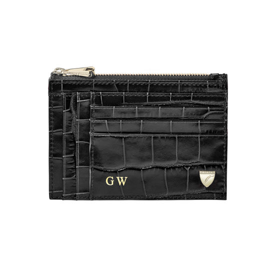 Double Sided Zipped Card & Coin Holder in Deep Shine Black Croc from Aspinal of London