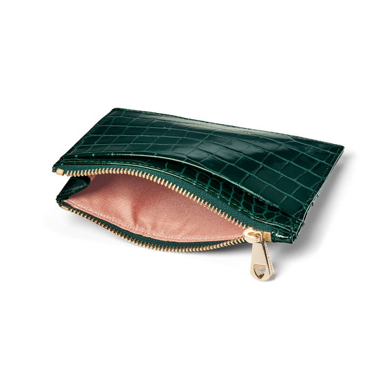 Double Sided Zipped Card & Coin Holder in Evergreen Small Croc from Aspinal of London