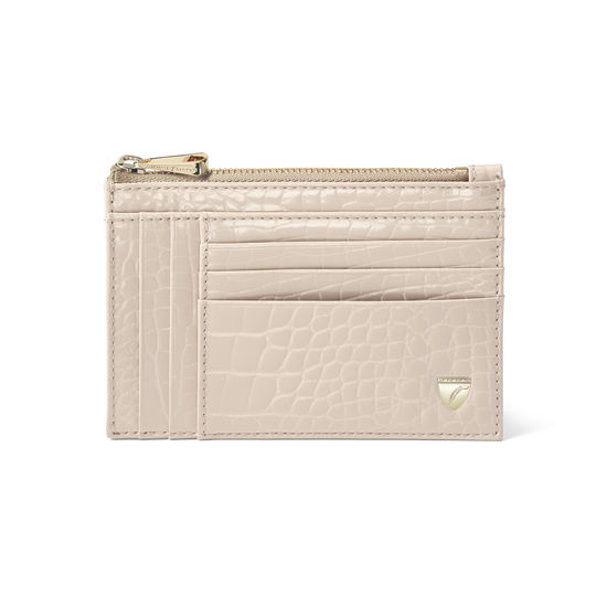 Double Sided Zipped Card & Coin Holder in Soft Taupe Patent Croc from Aspinal of London
