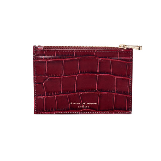 Double Sided Zipped Card & Coin Holder in Deep Shine Bordeaux Croc from Aspinal of London