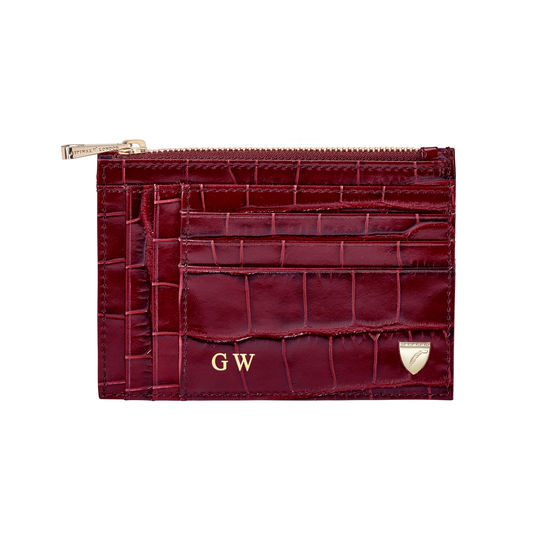Double Sided Zipped Card & Coin Holder in Deep Shine Bordeaux Croc from Aspinal of London