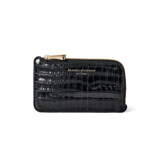 Zipped Coin & Card Holder in Deep Shine Black Small Croc from Aspinal of London