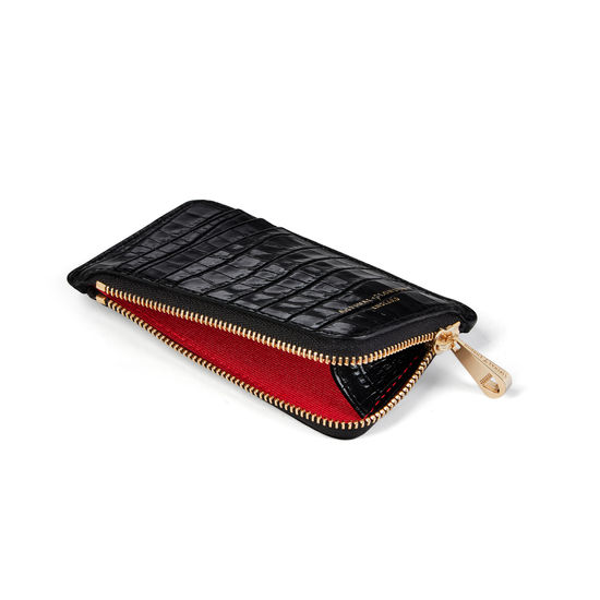 Zipped Coin & Card Holder in Deep Shine Black Small Croc from Aspinal of London