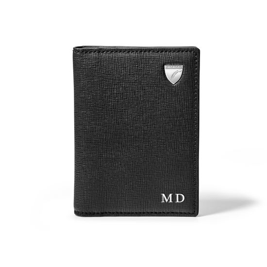 Business Card Holder in Black Saffiano & Smooth Black from Aspinal of London
