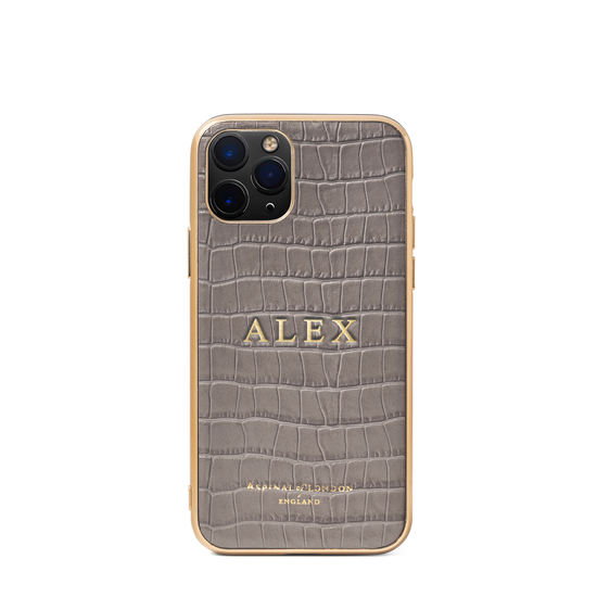 iPhone 12 Mini Case in Deep Shine Warm Grey Small Croc from Aspinal of London