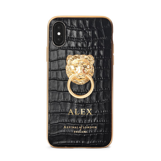 Lion iPhone Xs Case in Deep Shine Black Small Croc from Aspinal of London