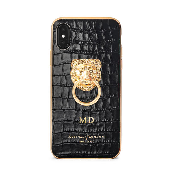 Lion iPhone Xs Case in Deep Shine Black Small Croc from Aspinal of London