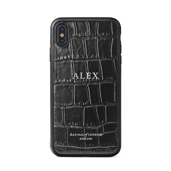iPhone Xs Case with Black Edge in Deep Shine Black Croc from Aspinal of London