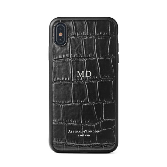 iPhone Xs Case with Black Edge in Deep Shine Black Croc from Aspinal of London