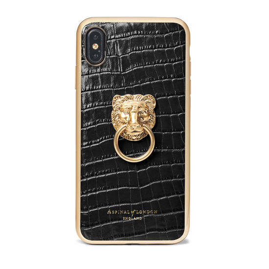 Lion iPhone Xs Max Case in Deep Shine Black Small Croc from Aspinal of London