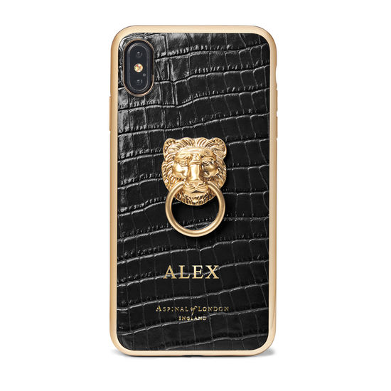 Lion iPhone Xs Max Case in Deep Shine Black Small Croc from Aspinal of London