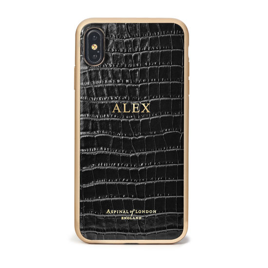 iPhone Xs Max Case with Gold Edge in Black Patent Croc from Aspinal of London