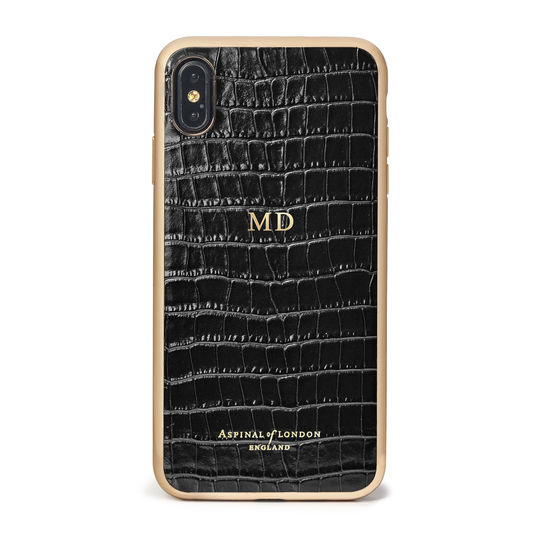 iPhone Xs Max Case with Gold Edge in Black Patent Croc from Aspinal of London
