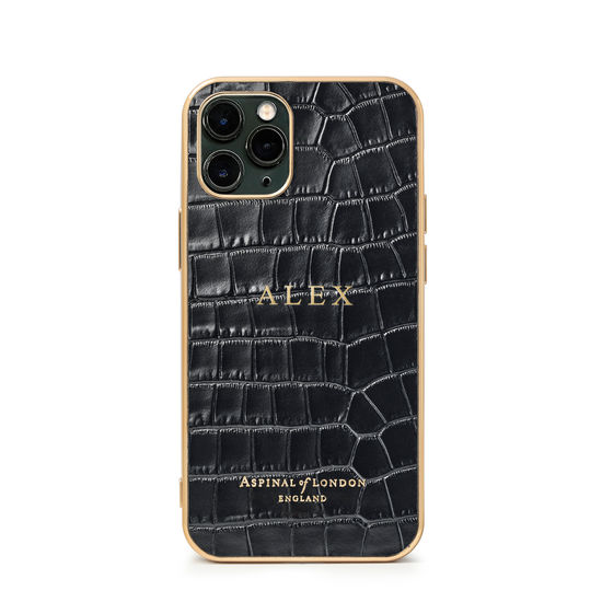 iPhone 11 Pro Case with Gold Edge in Black Small Croc from Aspinal of London