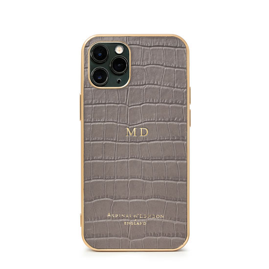 iPhone 11 Pro Case with Gold Edge in Deep Shine Warm Grey Small Croc from Aspinal of London