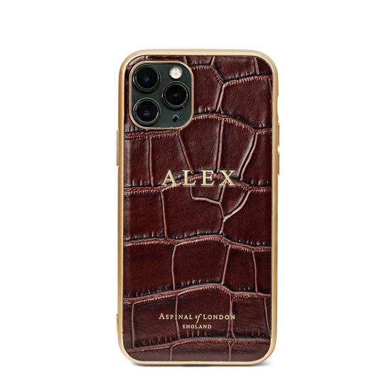 iPhone 11 Pro Case with Gold Edge in Deep Shine Amazon Brown Croc from Aspinal of London