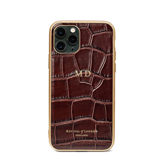 iPhone 11 Pro Case with Gold Edge in Deep Shine Amazon Brown Croc from Aspinal of London