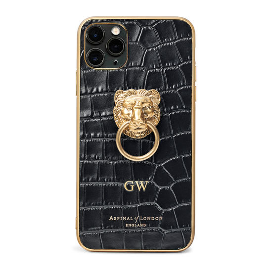 Lion iPhone 11 Pro Max Case in Deep Shine Black Small Croc from Aspinal of London