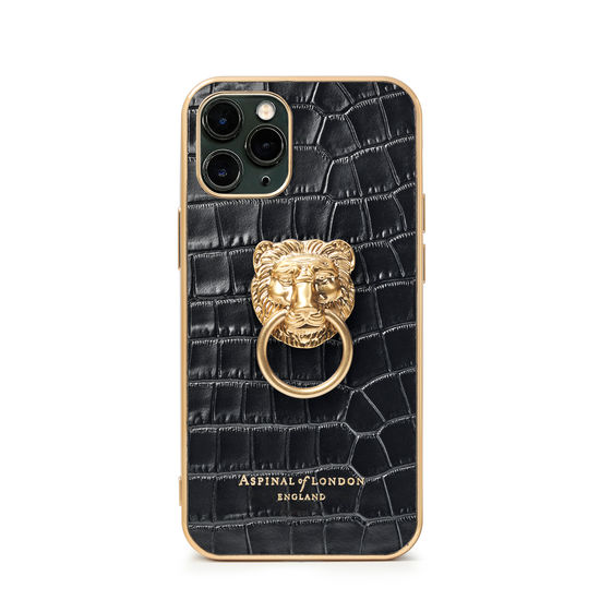 Lion iPhone 11 Pro Case in Deep Shine Black Small Croc from Aspinal of London