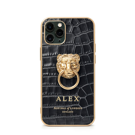 Lion iPhone 11 Pro Case in Deep Shine Black Small Croc from Aspinal of London