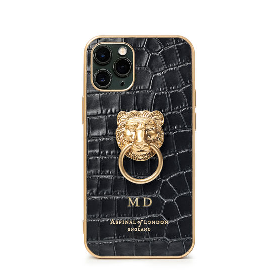 Lion iPhone 11 Pro Case in Deep Shine Black Small Croc from Aspinal of London