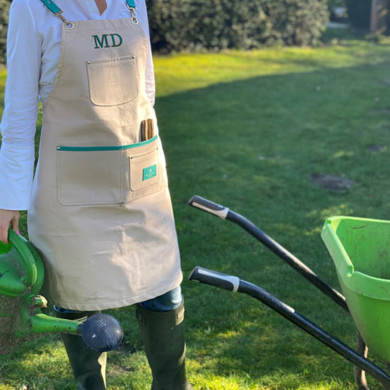 Gardening Apron in Petal Canvas & Chalkhill Blue Pebble from Aspinal of London