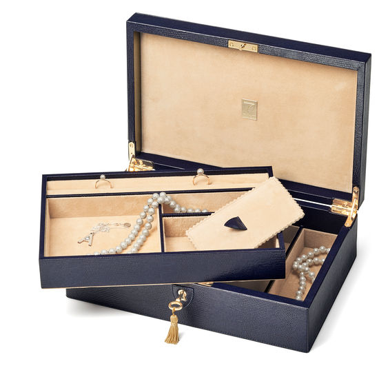 Savoy Jewellery Box in Midnight Blue Silk Lizard from Aspinal of London