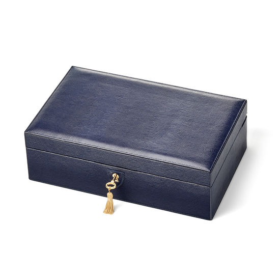Savoy Jewellery Box in Midnight Blue Silk Lizard from Aspinal of London
