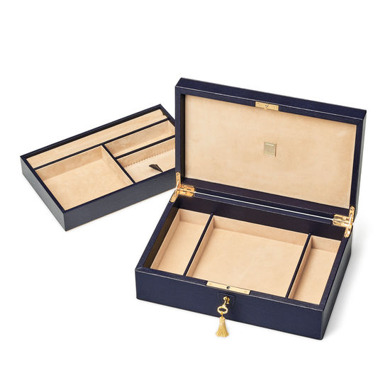 Savoy Jewellery Box in Midnight Blue Silk Lizard from Aspinal of London